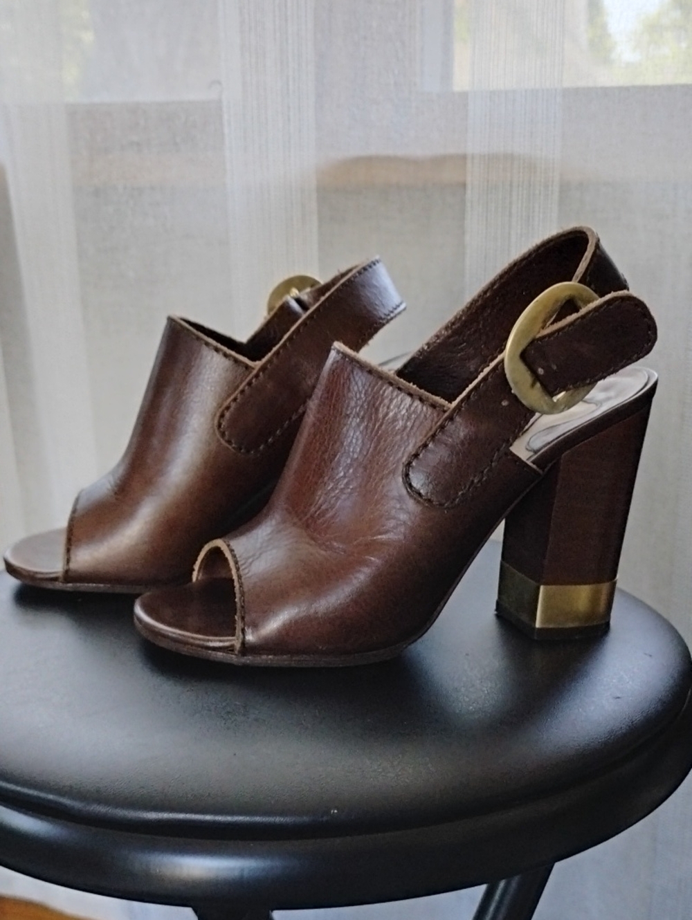 Chloe Brown Leather Peep-Toe Block Heel Sandals with Gold Buckle